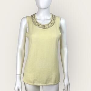 DKNY Pastel Yellow Merino Wool & Angora White Beaded Rhinestone Sleeveless